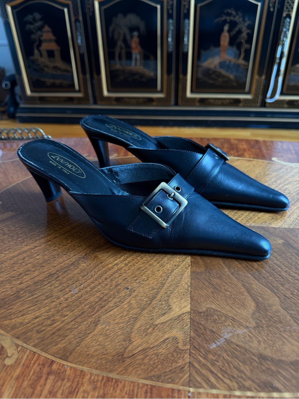 Black Pointed Leather Buckle Kitten Heel - Picture 2 of 3